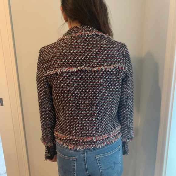 Zara Grey/Red Tweed Fringe Hem Crop Moto Jacket S - Picture 6 of 8